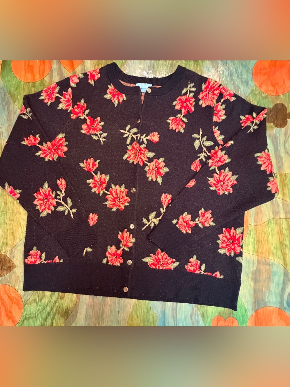 Draper James Rsvp Floral Cardigan 1X Black Red Flower Button Down Holiday Sweate